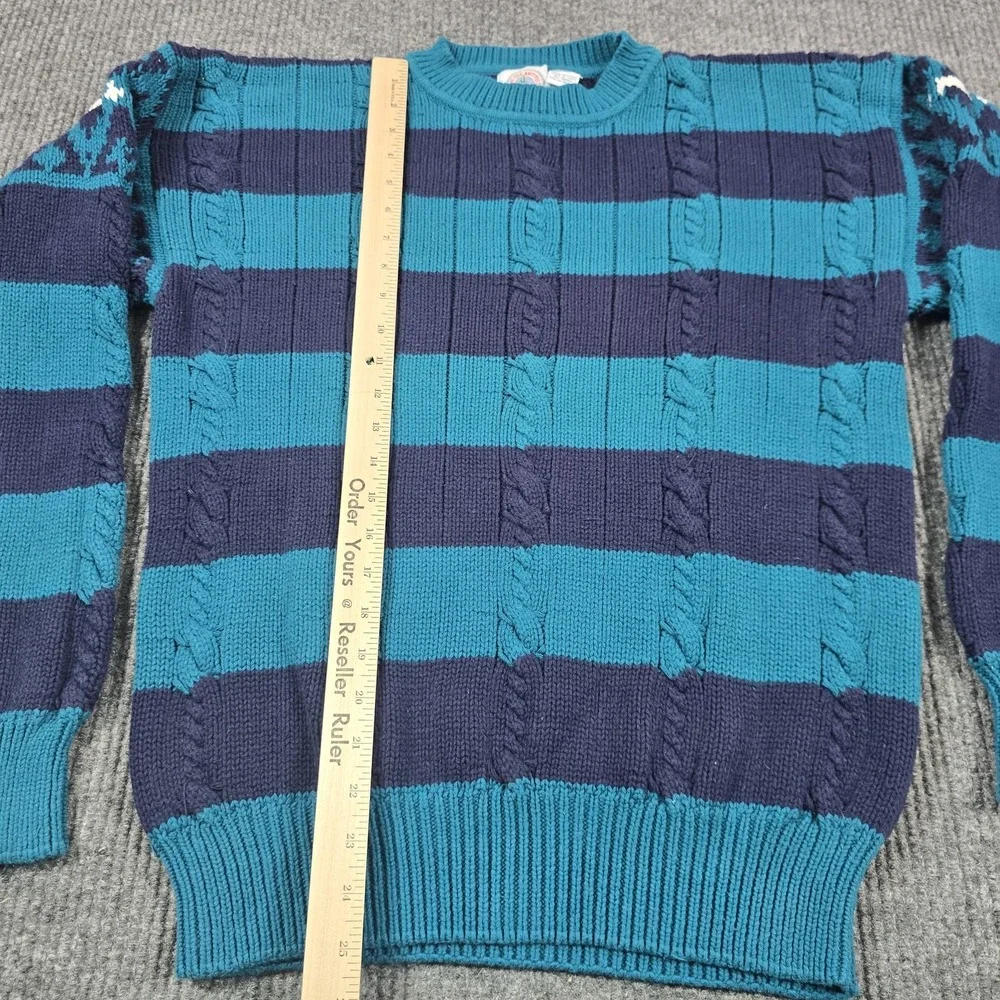 Cape Isle Knitters Sweater Mens Large Blue‎ Cable Knit Stripe Cotton Pullover
